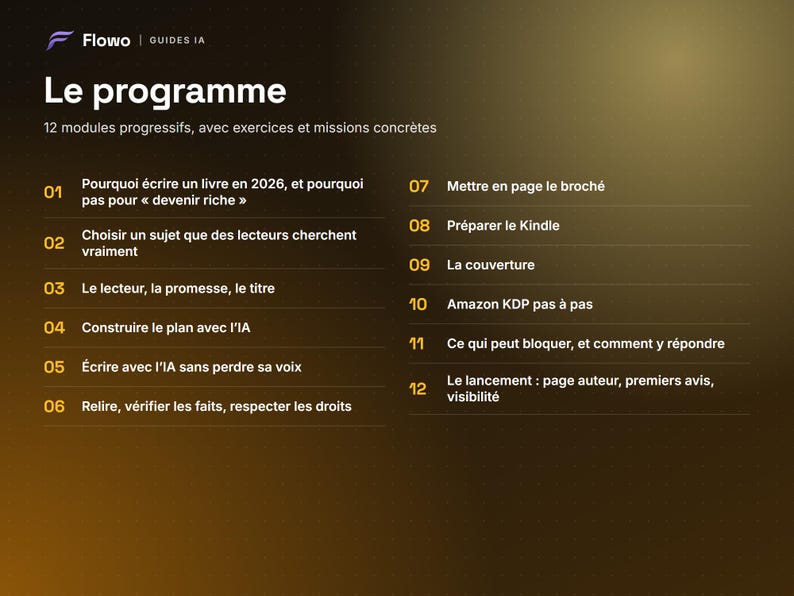 May include: A dark gradient informational graphic titled Le programme with the subtitle 12 modules progressifs, avec exercices et missions concr&egrave;tes. It lists twelve numbered educational modules in French regarding book writing and publishing.