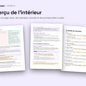 May include: Three white pages of a digital guide titled Flowo Guides IA, featuring the heading Aper&ccedil;u de l'int&eacute;rieur. The pages contain structured text in French, including sections on email templates, numbered lists, and highlighted boxes.