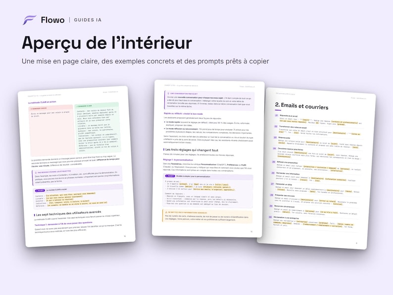 May include: Three white pages of a digital guide titled Flowo Guides IA, featuring the heading Aper&ccedil;u de l'int&eacute;rieur. The pages contain structured text in French, including sections on email templates, numbered lists, and highlighted boxes.