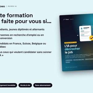 May include: A digital guide titled L'IA pour d&eacute;crocher le job with a dark blue gradient background. The cover features a white document icon with a yellow checkmark. Text lists target audiences including students and job seekers in French-speaking regions.
