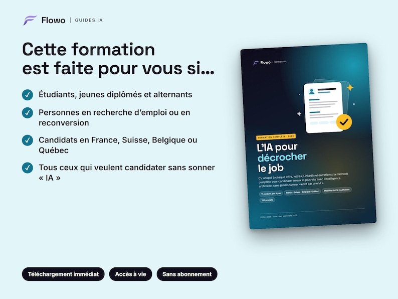 May include: A digital guide titled L'IA pour d&eacute;crocher le job with a dark blue gradient background. The cover features a white document icon with a yellow checkmark. Text lists target audiences including students and job seekers in French-speaking regions.