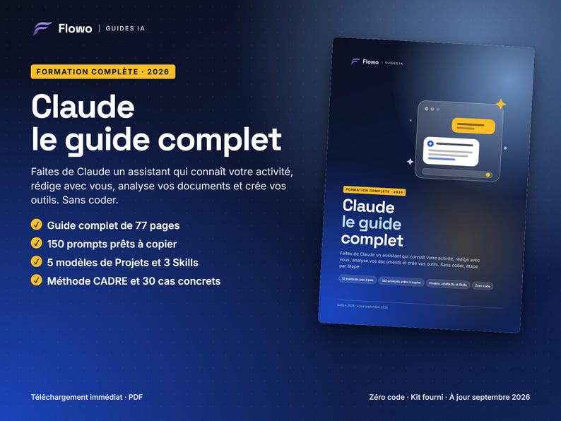 Pu&ograve; includere: Una guida alla formazione digitale intitolata Claude le guide complet, su sfondo blu scuro con accenti gialli. Il documento include una guida di 77 pagine, 150 prompt, 5 modelli di progetto, 3 competenze e il metodo CADRE con 30 casi concreti.