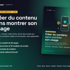 May include: A digital guide titled 'Cr&eacute;er du contenu sans montrer son visage' featuring a dark green gradient background, a smartphone icon, and a list of contents including a 64-page guide, 200 hooks, 30 script templates, 120 prompts, and an Excel calendar.