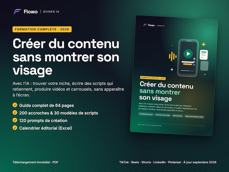 May include: A digital guide titled 'Cr&eacute;er du contenu sans montrer son visage' featuring a dark green gradient background, a smartphone icon, and a list of contents including a 64-page guide, 200 hooks, 30 script templates, 120 prompts, and an Excel calendar.