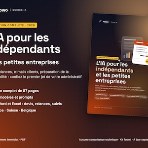 Può includere: Una guida digitale intitolata L'IA pour les indépendants et les petites entreprises, formazione completa 2026. Il documento include 87 pagine, 100 modelli e prompt, oltre a kit Word ed Excel per preventivi, solleciti e contabilità.