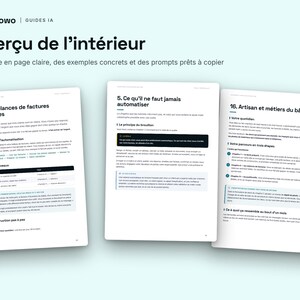 May include: Three white pages of a digital guide titled Flowo Guides IA, featuring black text in French. The pages display structured content with headings like Les relances de factures impay&eacute;es, Ce qu'il ne faut jamais automatiser, and Artisan et m&eacute;tiers du b&acirc;timent.