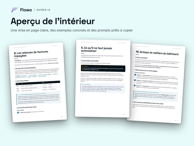 May include: Three white pages of a digital guide titled Flowo Guides IA, featuring black text in French. The pages display structured content with headings like Les relances de factures impay&eacute;es, Ce qu'il ne faut jamais automatiser, and Artisan et m&eacute;tiers du b&acirc;timent.