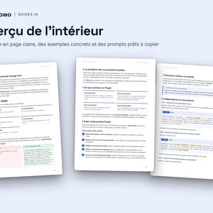 Pu&ograve; includere: Tre pagine bianche di una guida digitale intitolata Flowo | GUIDES IA, con l'intestazione Aper&ccedil;u de l'int&eacute;rieur. Il testo include sezioni sulla metodologia di progetto, conversazioni isolate e utilizzo dei moduli con testo in blu e nero.