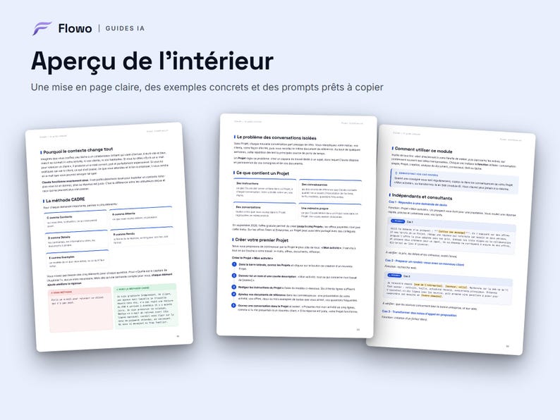 Pu&ograve; includere: Tre pagine bianche di una guida digitale intitolata Flowo | GUIDES IA, con l'intestazione Aper&ccedil;u de l'int&eacute;rieur. Il testo include sezioni sulla metodologia di progetto, conversazioni isolate e utilizzo dei moduli con testo in blu e nero.