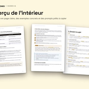 May include: Three white pages of a digital guide titled Flowo Guides IA, featuring the heading Aper&ccedil;u de l'int&eacute;rieur. The pages contain structured text in French, including numbered lists, bold headers, and tables with black and orange accents.