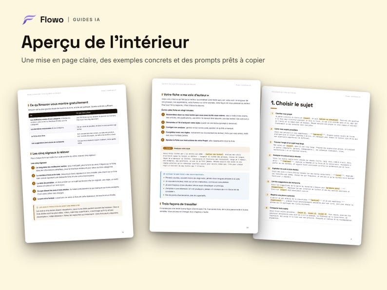 May include: Three white pages of a digital guide titled Flowo Guides IA, featuring the heading Aper&ccedil;u de l'int&eacute;rieur. The pages contain structured text in French, including numbered lists, bold headers, and tables with black and orange accents.