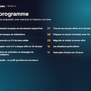 May include: A dark blue digital graphic titled Le programme featuring 11 progressive modules with exercises and missions. The list includes topics such as recruitment, CV building, LinkedIn profiles, job interviews with AI, and a 30-day action plan.