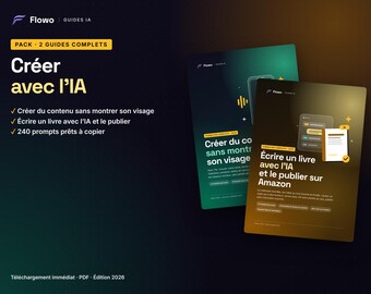 May include: Two digital guide covers titled Créer avec l'IA, Écrire un livre avec l'IA et le publier sur Amazon, and Créer du contenu sans montrer son visage. The documents feature dark green and black gradients with yellow text and icons.