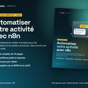 May include: A digital guide titled Automatiser votre activit&eacute; avec n8n, featuring a dark teal background with yellow accents. The document includes a 74-page manual, 10 importable workflows, 5 career paths, and a chapter on RGPD and nLPD regulations.