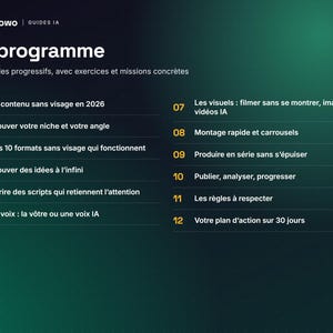 May include: A dark green digital graphic titled Le programme by Flowo, listing 12 progressive modules for AI content creation. The text outlines topics from niche selection and script writing to video editing, AI voice, and a 30-day action plan.