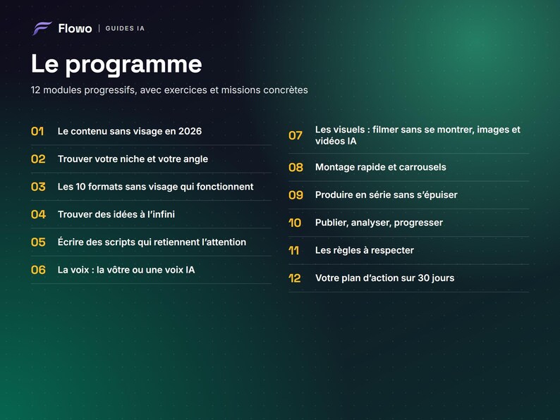 May include: A dark green digital graphic titled Le programme by Flowo, listing 12 progressive modules for AI content creation. The text outlines topics from niche selection and script writing to video editing, AI voice, and a 30-day action plan.