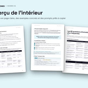 May include: Three pages of a digital guide titled Flowo Guides IA, featuring the heading Aper&ccedil;u de l'int&eacute;rieur. The documents contain structured text, bullet points, and tables in French, providing advice on resume formatting and interview questions.