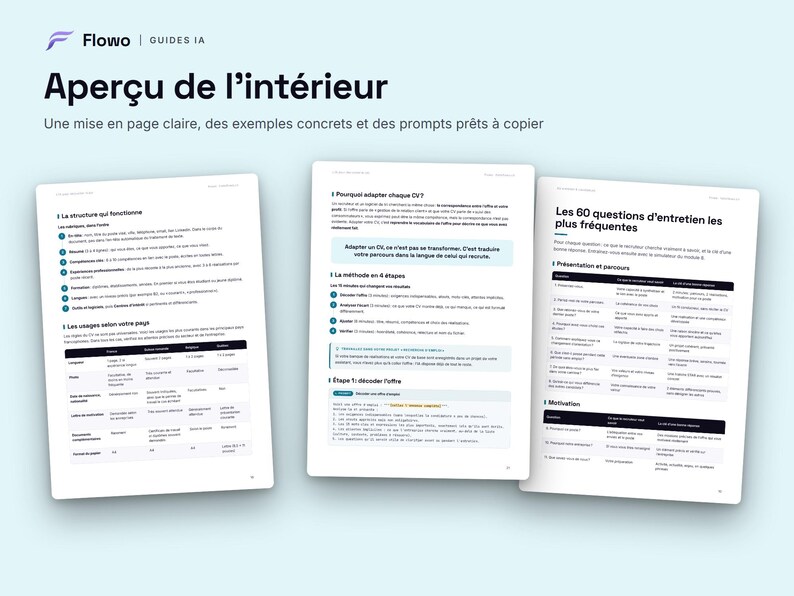 May include: Three pages of a digital guide titled Flowo Guides IA, featuring the heading Aper&ccedil;u de l'int&eacute;rieur. The documents contain structured text, bullet points, and tables in French, providing advice on resume formatting and interview questions.