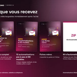 May include: A digital product display featuring four items: a guide titled Automatiser sa bo&icirc;te mail avec l'IA, a set of 10 automations and 80 templates, memo sheets, and a ZIP file labeled Kit d'automatisation, all presented on a dark gradient background.