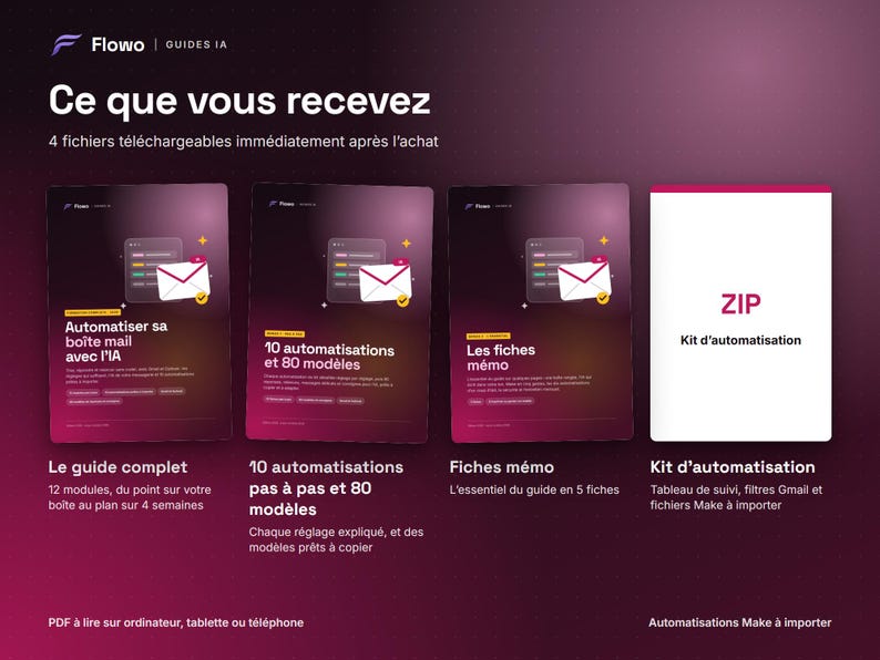 May include: A digital product display featuring four items: a guide titled Automatiser sa bo&icirc;te mail avec l'IA, a set of 10 automations and 80 templates, memo sheets, and a ZIP file labeled Kit d'automatisation, all presented on a dark gradient background.