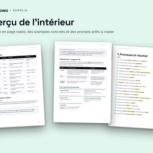 May include: Three white pages of a digital guide titled Flowo Guides IA, featuring the heading Aper&ccedil;u de l'int&eacute;rieur. The documents contain structured tables, lists, and text in French, detailing AI usage, formatting, and various prompt examples.