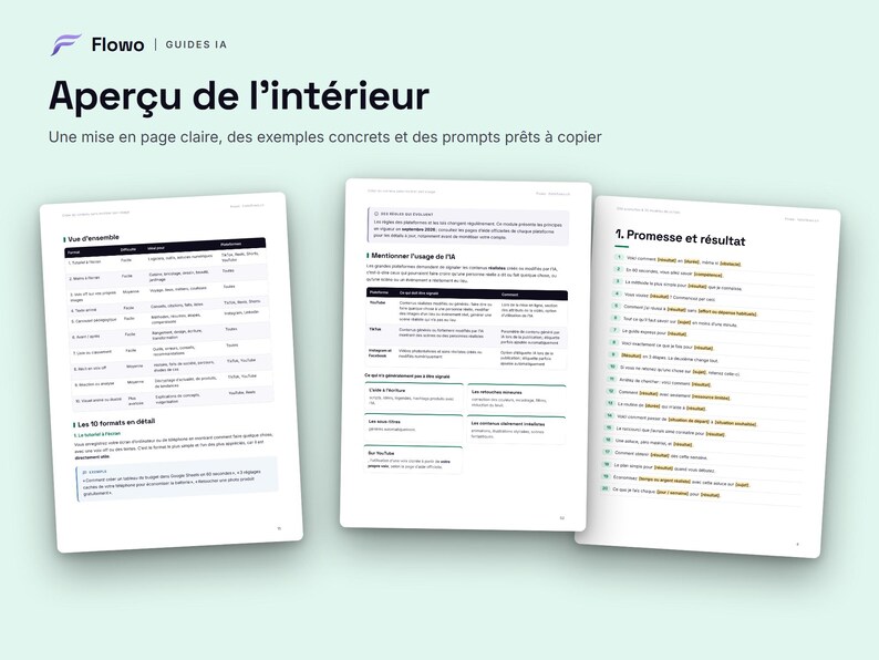 May include: Three white pages of a digital guide titled Flowo Guides IA, featuring the heading Aper&ccedil;u de l'int&eacute;rieur. The documents contain structured tables, lists, and text in French, detailing AI usage, formatting, and various prompt examples.