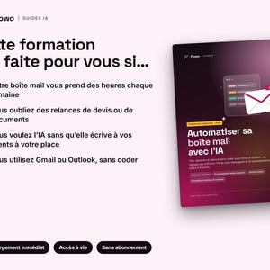 May include: A digital guide titled Automatiser sa bo&icirc;te mail avec l'IA featuring a dark purple and pink gradient background, an email icon, and a list of four bullet points explaining email automation benefits for Gmail and Outlook users.