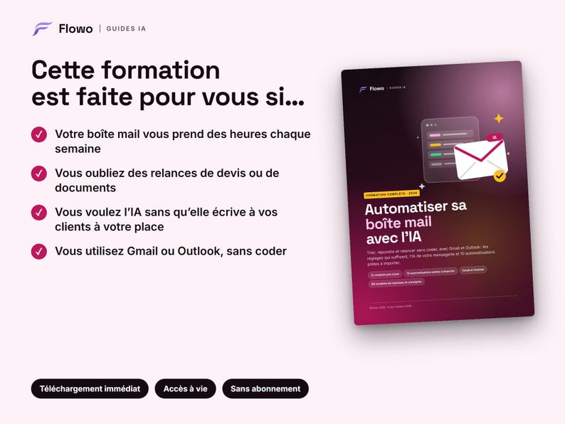 May include: A digital guide titled Automatiser sa bo&icirc;te mail avec l'IA featuring a dark purple and pink gradient background, an email icon, and a list of four bullet points explaining email automation benefits for Gmail and Outlook users.