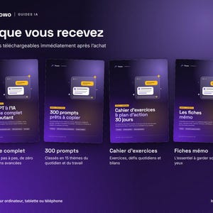 May include: A digital product set featuring four purple-themed guides titled Ce que vous recevez, ChatGPT & l'IA, 300 prompts, Cahier d'exercices, and Les fiches m&eacute;mo. The graphics include chat bubble icons and text detailing 12 modules, 300 prompts, a 30-day action plan, and memo sheets for computer, tablet, or phone use.