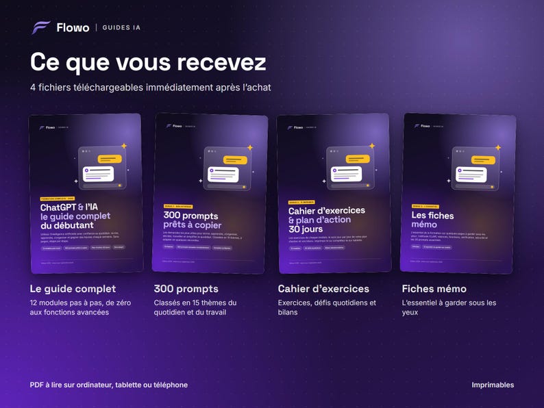 May include: A digital product set featuring four purple-themed guides titled Ce que vous recevez, ChatGPT & l'IA, 300 prompts, Cahier d'exercices, and Les fiches m&eacute;mo. The graphics include chat bubble icons and text detailing 12 modules, 300 prompts, a 30-day action plan, and memo sheets for computer, tablet, or phone use.