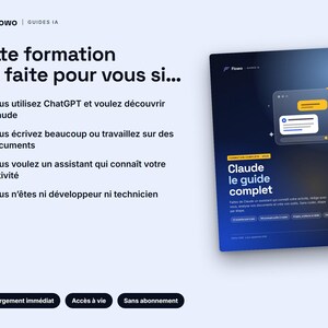 Pu&ograve; includere: Una guida digitale intitolata Claude le guide complet con una copertina in gradiente blu scuro e un grafico dell'interfaccia di chat. La pagina include un elenco di requisiti per la formazione, quattro icone di spunta blu e tre pulsanti neri.
