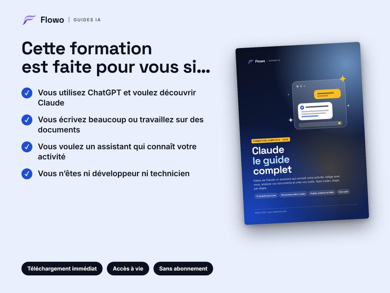Pu&ograve; includere: Una guida digitale intitolata Claude le guide complet con una copertina in gradiente blu scuro e un grafico dell'interfaccia di chat. La pagina include un elenco di requisiti per la formazione, quattro icone di spunta blu e tre pulsanti neri.