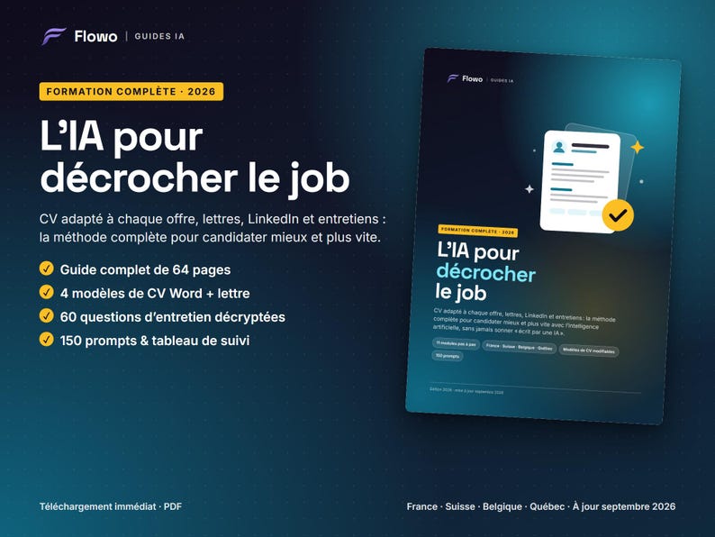 May include: A digital guide titled L'IA pour d&eacute;crocher le job, featuring a 64-page PDF manual, 4 Word CV and cover letter templates, 60 interview questions, and 150 prompts. The cover displays a resume icon with a yellow checkmark on a dark blue background.
