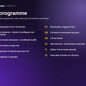 May include: A dark purple digital graphic titled Le programme featuring a list of 12 modules for an AI course. The text includes topics like Comprendre l'IA en 15 minutes, L'art de bien demander, and Votre plan d'action sur 30 jours in white.