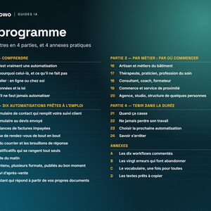 May include: A digital document titled Le programme featuring a list of 24 chapters organized into four parts and four practical annexes. The text is white on a dark teal gradient background, detailing topics related to automation, workflows, and business.