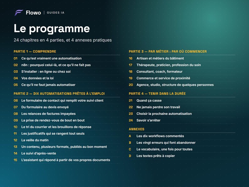 May include: A digital document titled Le programme featuring a list of 24 chapters organized into four parts and four practical annexes. The text is white on a dark teal gradient background, detailing topics related to automation, workflows, and business.