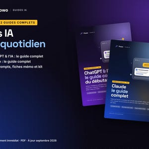 May include: A digital product pack featuring two guides titled Les IA au quotidien, ChatGPT & l'IA: le guide complet, and Claude: le guide complet. The design uses a dark blue and purple gradient background with white text and yellow accents.