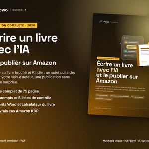 May include: A digital guide titled &Eacute;crire un livre avec l'IA et le publier sur Amazon, featuring a 75-page PDF format, 120 prompts, 6 checklists, Word templates, a book calculator, and real Amazon KDP case studies for the year 2026.