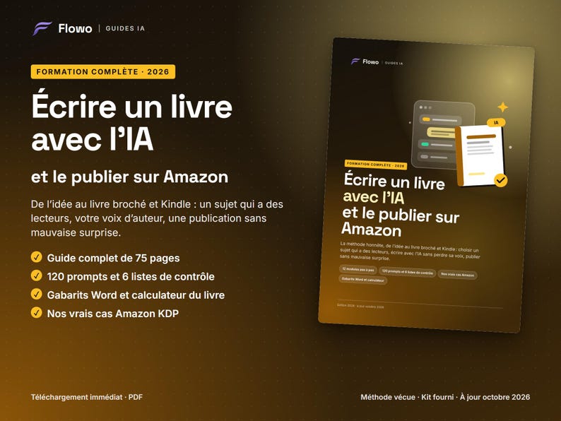 May include: A digital guide titled &Eacute;crire un livre avec l'IA et le publier sur Amazon, featuring a 75-page PDF format, 120 prompts, 6 checklists, Word templates, a book calculator, and real Amazon KDP case studies for the year 2026.