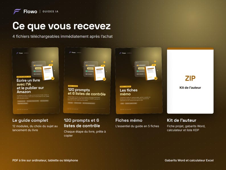 May include: A digital product bundle titled Ce que vous recevez featuring four downloadable files: a complete guide for writing and publishing books with AI, 120 prompts with 6 checklists, memo sheets, and a ZIP file labeled Kit de l'auteur.