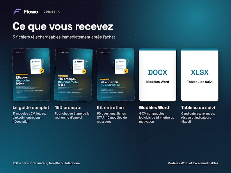 May include: A digital product bundle featuring five downloadable files including a comprehensive guide, 150 prompts, an interview kit, Word templates, and an Excel tracking sheet. The text includes 'Ce que vous recevez', 'Flowo', 'DOCX', and 'XLSX'.
