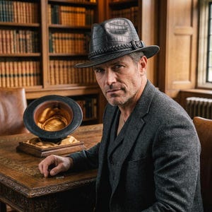 Pode incluir: Um chapéu fedora preto com textura de pele de crocodilo, uma faixa trançada e uma fivela lateral. O chapéu apresenta uma aba larga e uma copa com o topo vincado. O interior é forrado com um tecido liso de cor dourada.