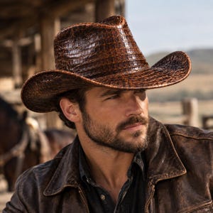 Puede incluir: Un sombrero de vaquero de color marrón oscuro con un patrón texturizado en relieve que imita la piel de cocodrilo. El sombrero tiene una copa estructurada y un ala ancha y curvada. El material tiene un acabado brillante que resalta las escamas.
