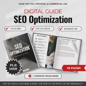 May include: A digital guide titled SEO Optimization with a comprehensive table of contents and 35 pages. The guide features PLR and MRR rights, is editable in Canva, and includes a content ideas bank for business use and personal projects.