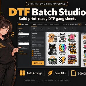 May include: A digital interface titled DTF Batch Studio for building print-ready gang sheets. The software displays a grid of various graphic designs including a dog, cat, tiger, and text-based art. The screen shows settings for film size, margins, and auto-arrange options for print production.
