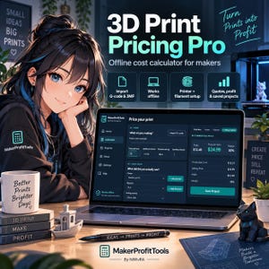 May include: A laptop displaying the 3D Print Pricing Pro software interface, featuring a calculator for production costs and profit margins. The screen shows text including Import G-code, Works offline, and Printer + filament setup.