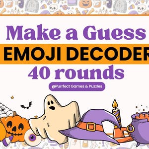 May include: A rectangular game card titled Make a Guess EMOJI DECODER 40 rounds by Purrfect Games & Puzzles. The white centre features purple text and a border of Halloween illustrations including orange jack-o'-lanterns, a white ghost, a purple witch hat, a lit candle, a purple cauldron, and an eyeball.