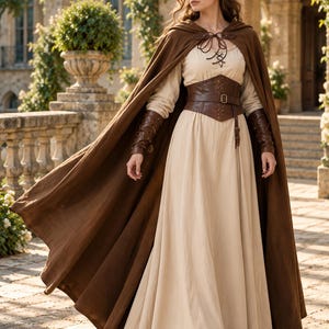 May include: A floor-length beige dress with long sleeves and a lace-up neckline, paired with a dark brown hooded cloak, a wide brown leather corset-style belt with metal studs, matching brown leather arm bracers, and dark brown leather boots.
