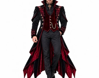 May include: A black velvet tailcoat with a high collar, red velvet lapels, and gold buttons, worn over a matching red velvet vest with a gold chain. The ensemble includes black trousers and a black shirt with a red brooch at the neck.