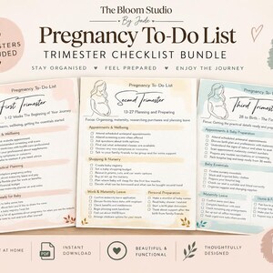 May include: A three-page pregnancy to-do list bundle featuring checklists for the first, second, and third trimesters. Each page includes a line drawing of a pregnant person, categorized tasks for appointments, work, and baby preparation.